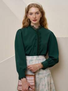 Simple Retro Blusa con encaje en contraste con botón delantero manga larga - Verde Oscuro - Ver 4