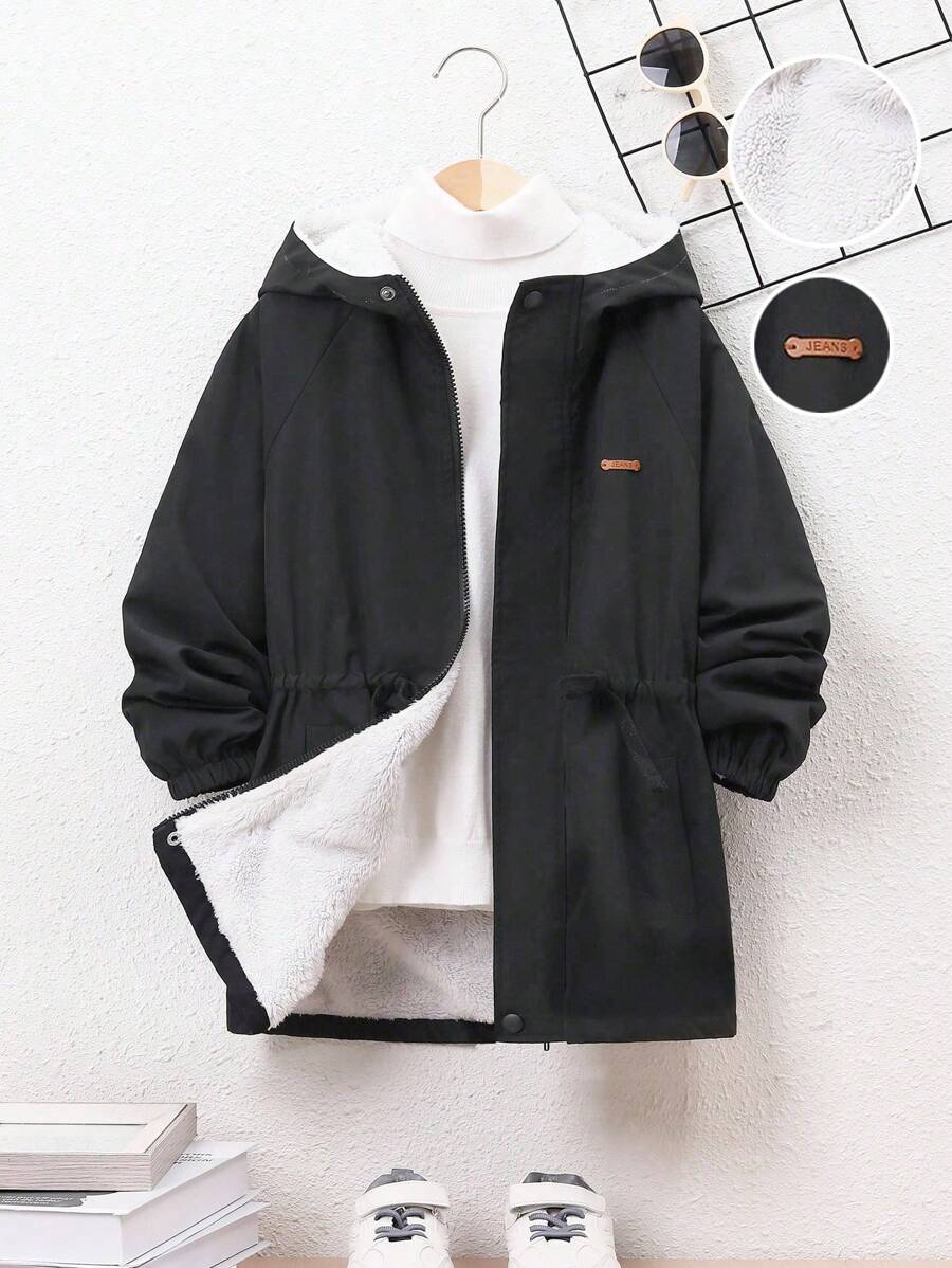 SHEIN 休閒拉鍊 貼布 口袋字母男童（大）外套 - 黑色 - 查看 1