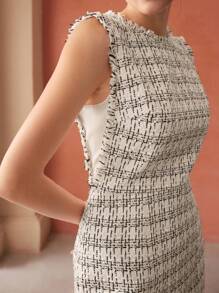 MOTF PREMIUM 粗花呢毛邊洋裝 - 黑與白 - 查看 6