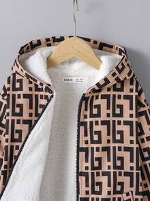 SHEIN 女大童滿版印花毛絨內襯連帽加絨內裏夾克 - 棕色 - 查看 8