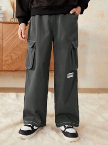 SHEIN Tween Boy Letter Graphic Flap Pocket Side Cargo Pants - Grey - View 4