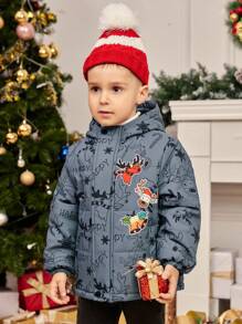 SHEIN Young Boy Letter & Cartoon Graphic Hooded Padded Coat For Christmas - Multicolor - View 3