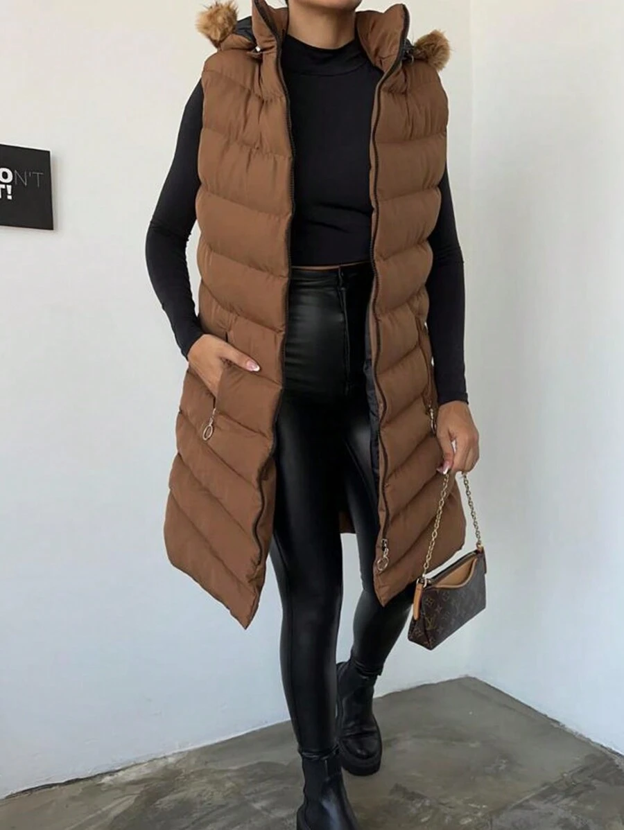 EURMUSE Slant Pockets Fuzzy Trim Hooded Puffer Vest Coat - Rust Brown - View 1