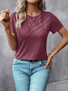 SHEIN LUNE 纯色压褶细节T恤，休闲款 - 酒紅色 - 查看 4