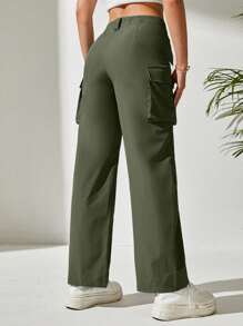 SHEIN PETITE Solid Flap Pocket Cargo Pants - Army Green - View 2