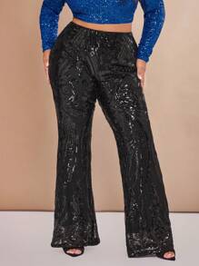SHEIN BAE Christmas Plus High Waist Sequin Flare Leg Pants - Black - View 3