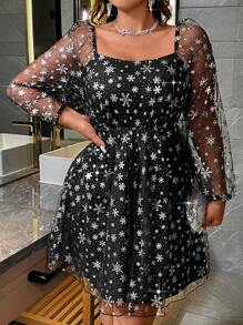 SHEIN Unity 大码女式休闲雪花印花网纱长袖连衣裙 - 黑色 - 查看 6