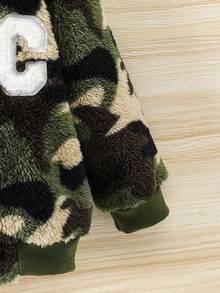 Young Boy 1pc Camo Print Letter Patched Teddy Bomber Jacket - Army Green - View 7