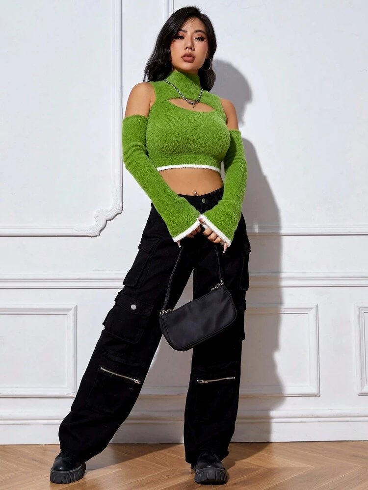 Cut Out Front Cold Shoulder Contrast Trim Crop Sweater