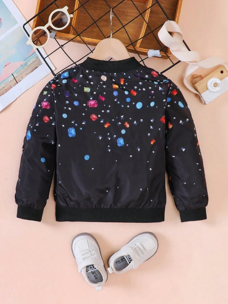 Young Girl Rhinestone Print Ruched Sleeve Bomber Jacket