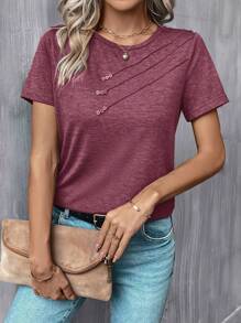 SHEIN LUNE 纯色压褶细节T恤，休闲款 - 酒紅色 - 查看 5