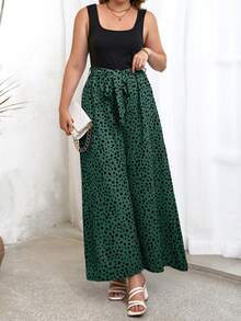 SHEIN Holidaya 大碼斑點印花闊腿腰帶連身褲 - 墨綠色 - 查看 6