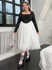 Flirla 大碼雙色方領洋裝 - 彩色 - 查看 4