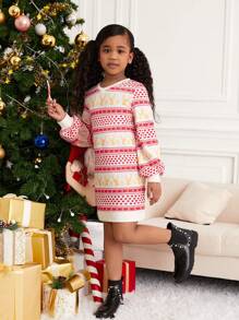 少女款心形几何印花灯笼袖卫衣裙 - 紅色 - 查看 1