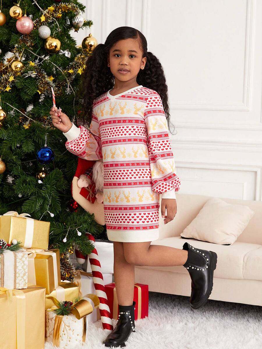 少女款心形几何印花灯笼袖卫衣裙 - 紅色 - 查看 1