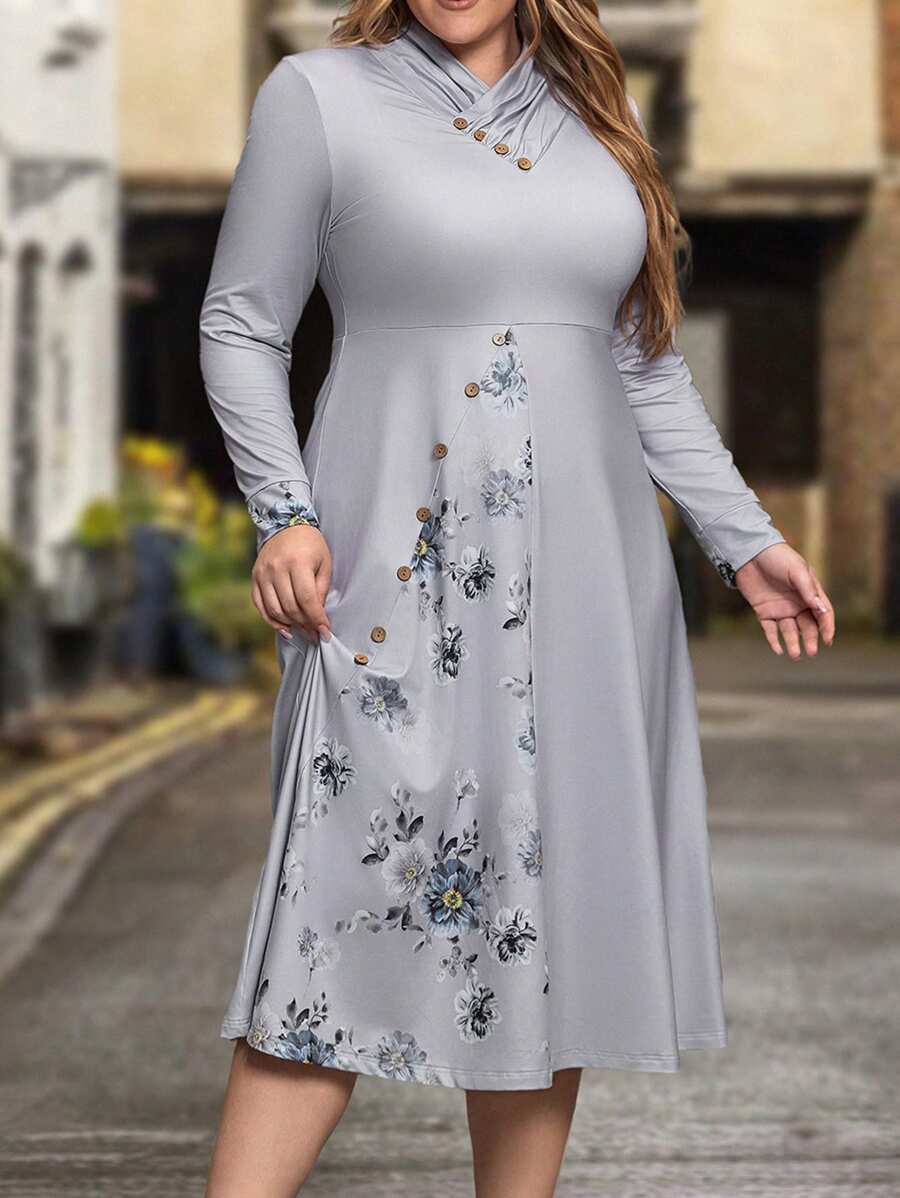 EMERY ROSE Hơn In hoa Chi tiết Nút Đầm - Xám - Xem 1