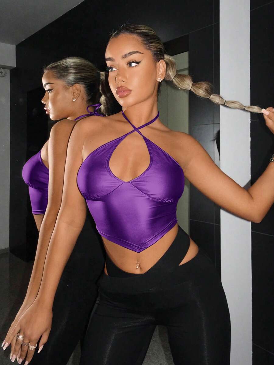 SHEIN ICON Chất rắn Thánh giá Áo hai dây - Màu tím - Xem 1