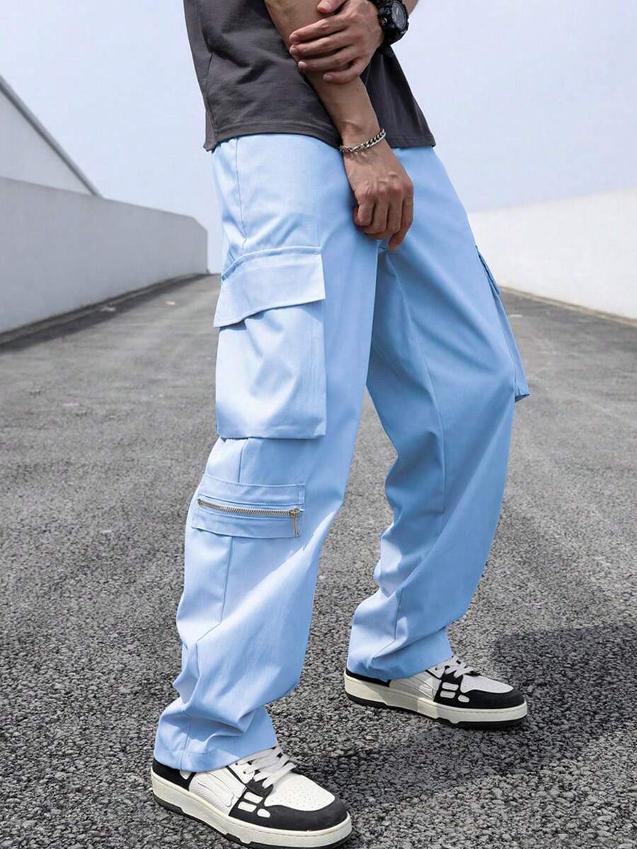 Manfinity EMRG 男士側翻蓋口袋腰部抽繩工裝褲 - 藍色 - 查看 1