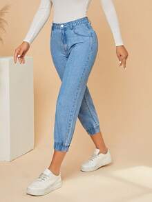 SHEIN Privé Cropped Jogger Jeans - Light Wash - View 4