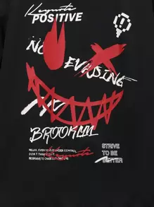 SHEIN 男大童標語和卡通圖案條紋飾邊落肩袖夾克 - 黑色 - 查看 6