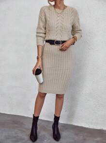 Chiquease Cable Knit Drop Shoulder Sweater Dress - Khaki - View 5