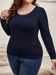 SHEIN Clasi Plus Solid Button Detail Tee - Navy Blue - View 3