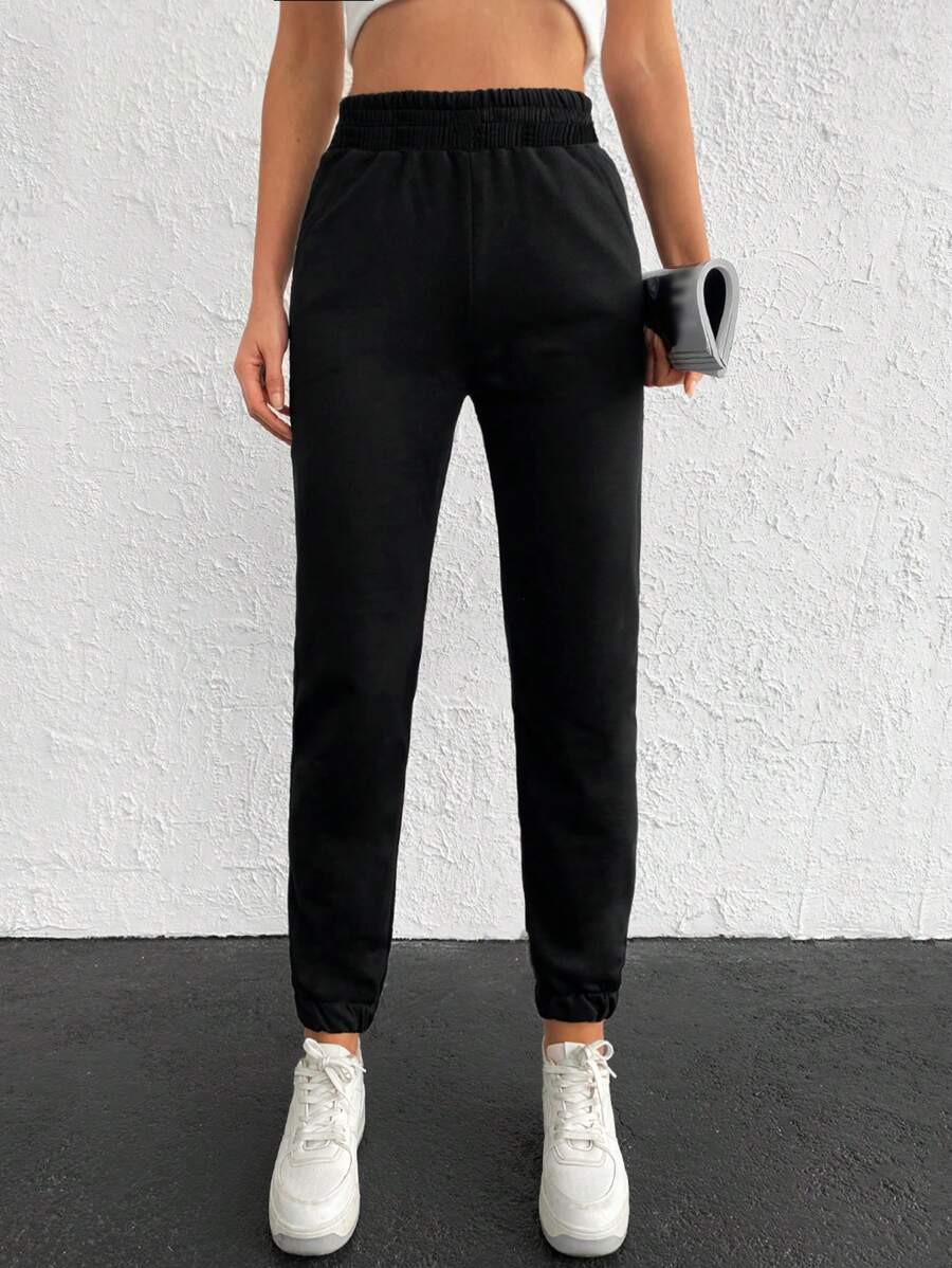 RueChic Solid Elastic Waist Slant Pocket Joggers - Black - View 1