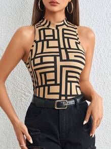 SHEIN Privé 幾何印花小高領背心上衣 - 卡其色 - 查看 6