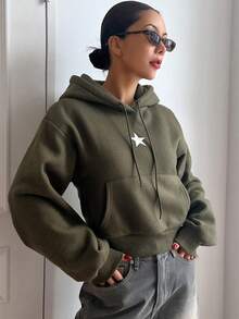 DAZY 星星刺繡袋鼠口袋落肩抽繩連帽衫 - 軍綠色 - 查看 5