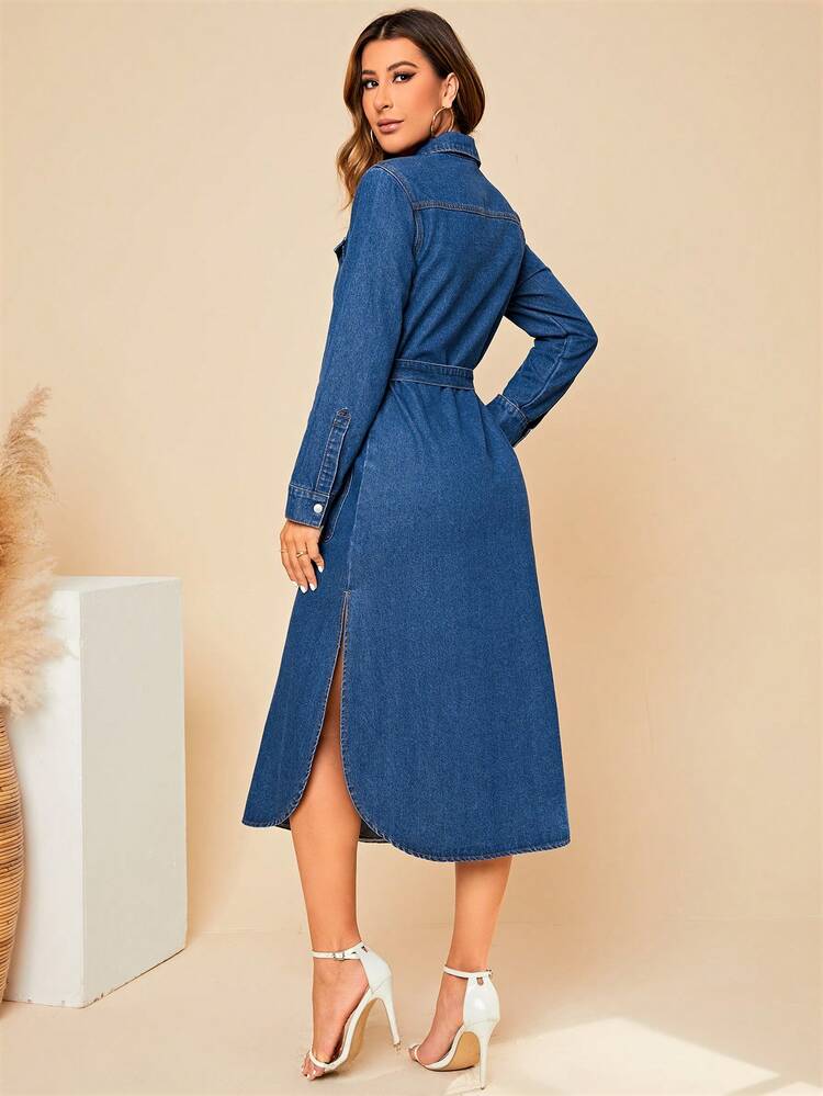 Flap Pocket Button Front Split Side Denim Dress