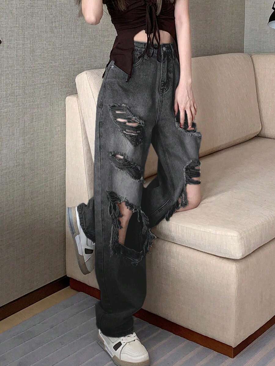 女式口袋破洞宽松直筒休闲牛仔裤 - 灰色 - 查看 1