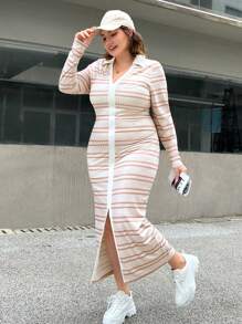 SHEIN Essnce Plus Striped Print Button Front Bodycon Dress - Multicolor - View 7