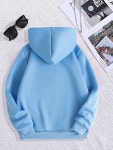 SHEIN 少女字母图案拉链保暖连帽衫 - 藍色 - 查看 2