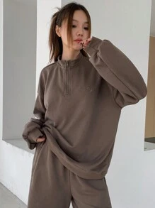 DAZY Half Zip Drop Shoulder Sweatshirt & Shorts - Mocha Brown - View 1