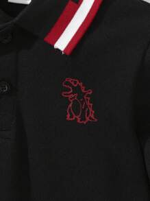 SHEIN 男小童恐龍印花拼接邊POLO衫 - 黑色 - 查看 5