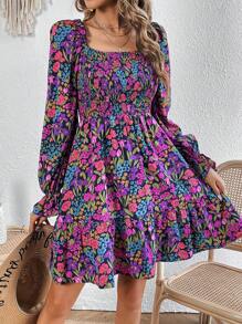 SHEIN VCAY Allover Floral Print Flare Sleeve Ruffle Hem Dress - Multicolor - View 5