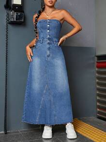 SHEIN ICON Button Front Tube Denim Dress - Medium Wash - View 3