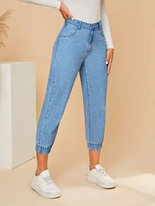 SHEIN Privé Cropped Jogger Jeans - Light Wash - View 5