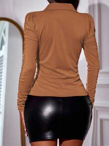 SHEIN Privé Solid Ruched Button Front Tee - Khaki - View 2