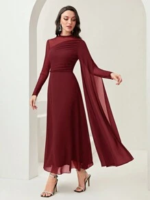 Modelyn 勃艮第红色撞色网眼褶皱连衣裙，带袖连衣裙，长款晚礼服 - 酒紅色 - 查看 6