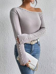 SHEIN Privé 珍珠串珠不對稱領套頭毛衣 - 灰色 - 查看 6