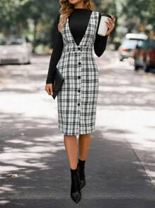 Chiquease Solid Tee & Plaid Print Button Front Overall Dress - Black and White - View 5