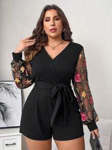 Ellevyn Plus Floral Embroidery Mesh Sleeve Belted Romper - Black - View 3