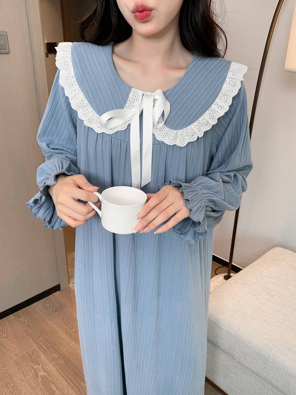 Contrast Trim Statement Collar Ruffle Hem Nightdress Pajama, For Fall, Winter, Moo Moo Night Dress