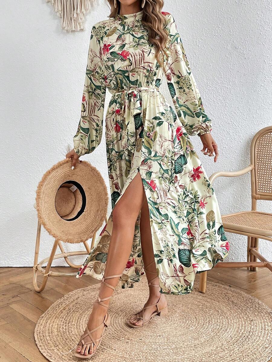 SHEIN VCAY Bản in nhiệt đới Tay áo lồng đèn Tách đùi Váy có thắt lưng - Nhiều màu - Xem 1