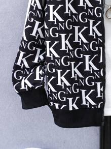 SHEIN 男小童字母圖案飛行員夾克和運動褲不帶T恤 - 黑與白 - 查看 5