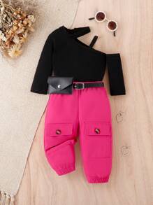 Em bé Cô gái Bất đối xứng Vòng cổ Tay áo dài Áo Và Cargo Túi Đàn hồi Cổ tay áo Quần Giải trí Không có Túi Fanny - Màu Hồng Tươi - Xem 1