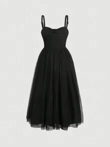 SHEIN MOD Contrast Mesh Cami Dress Tulle Dress - Black - View 2