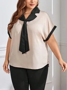 SHEIN Privé 對比色飾邊蝙蝠袖襯衫 - 卡其色 - 查看 5