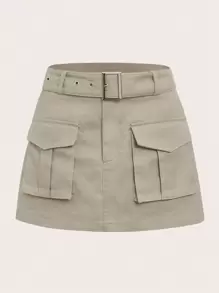 SHEIN ICON 翻蓋口袋腰帶工裝裙 - 卡其色 - 查看 1